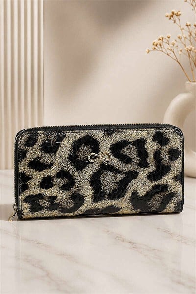 Fiyonk Detaylı Fermuarlı Cüzdan Leopar