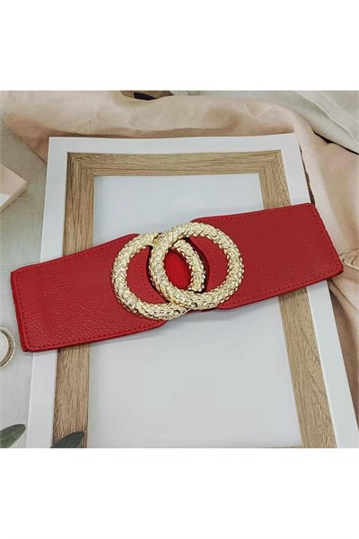 Gold Tokalı Elastik Kemer Kadın Kemer Elbise Kemeri Gömlek Kemeri Ceket Kemeri Vücut Kemeri Kırmızı