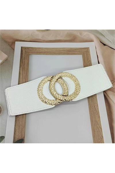Gold Tokalı Elastik Kemer Kadın Kemer Elbise Kemeri Gömlek Kemeri Ceket Kemeri Vücut Kemeri Beyaz
