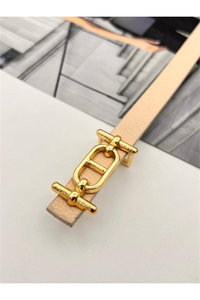 Gold Tokalı ince Kadın Kemer Pantolon Kemeri Elbise Kemeri Gömlek Kemeri Ceket Kemeri Krem