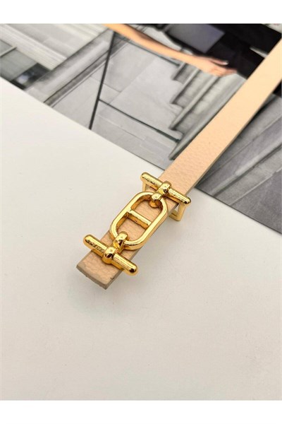 Gold Tokalı ince Kadın Kemer Pantolon Kemeri Elbise Kemeri Gömlek Kemeri Ceket Kemeri Krem