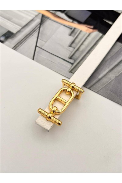 Gold Tokalı ince Kadın Kemer Pantolon Kemeri Elbise Kemeri Gömlek Kemeri Ceket Kemeri Beyaz