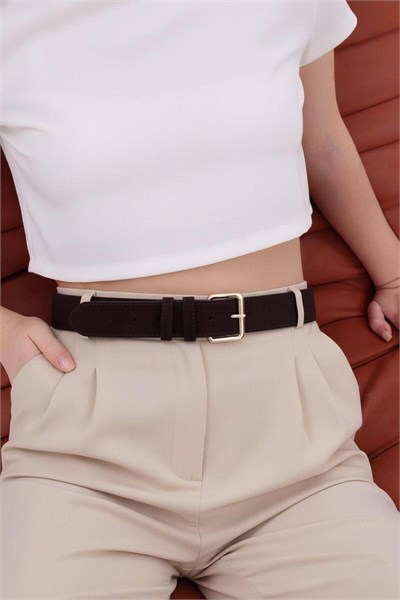 Gold Tokalı Süet Kemer Kadın Kemer Pantolon Kemeri Elbise Kemeri Bel Kemeri Gömlek Kemeri Kahve