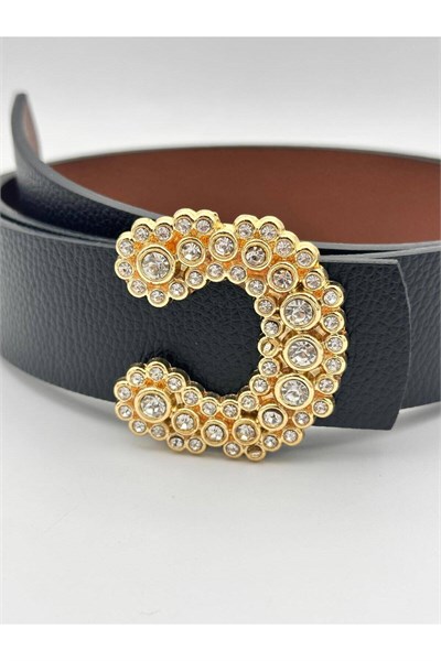 Gold Tokalı Taşlı Kadın Kemer Pantolon Kemeri Elbise Kemeri Gömlek Kemeri Bel Kemeri Ceket Kemeri Siyah