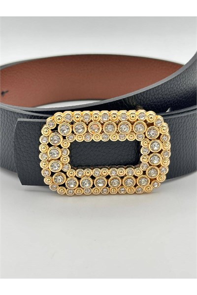 Gold Tokalı Taşlı Kadın Kemer Pantolon Kemeri Elbise Kemeri Gömlek Kemeri Ceket Kemeri Siyah