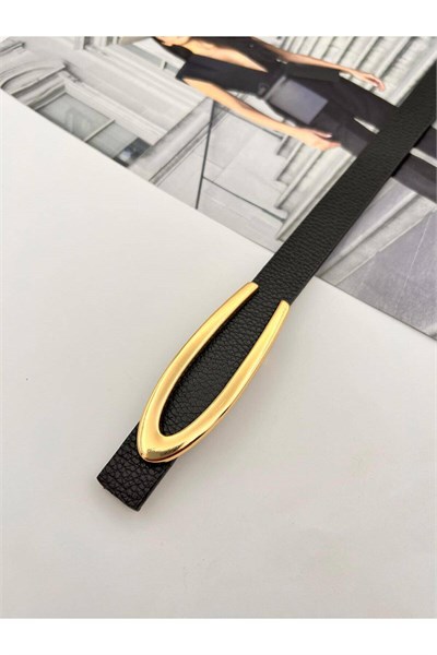 Gold V Tokalı Kadın Kemer Pantolon Kemeri Elbise Kemeri Gömlek Kemeri Ceket Kemeri ince Kemer Siyah