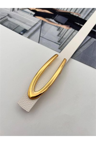 Gold V Tokalı Kadın Kemer Pantolon Kemeri Elbise Kemeri Gömlek Kemeri Ceket Kemeri ince Kemer Beyaz