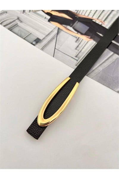 Gold V Tokalı Kadın Kemer Pantolon Kemeri Elbise Kemeri Gömlek Kemeri Ceket Kemeri ince Kemer Siyah