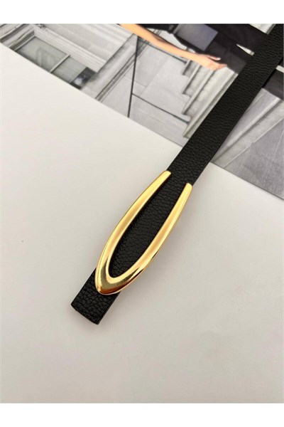 Gold V Tokalı Kadın Kemer Pantolon Kemeri Elbise Kemeri Gömlek Kemeri Ceket Kemeri ince Kemer Siyah