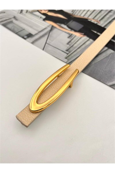 Gold V Tokalı Kadın Kemer Pantolon Kemeri Elbise Kemeri Gömlek Kemeri Ceket Kemeri ince Kemer Krem