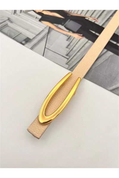 Gold V Tokalı Kadın Kemer Pantolon Kemeri Elbise Kemeri Gömlek Kemeri Ceket Kemeri ince Kemer Krem