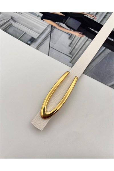 Gold V Tokalı Kadın Kemer Pantolon Kemeri Elbise Kemeri Gömlek Kemeri Ceket Kemeri ince Kemer Beyaz