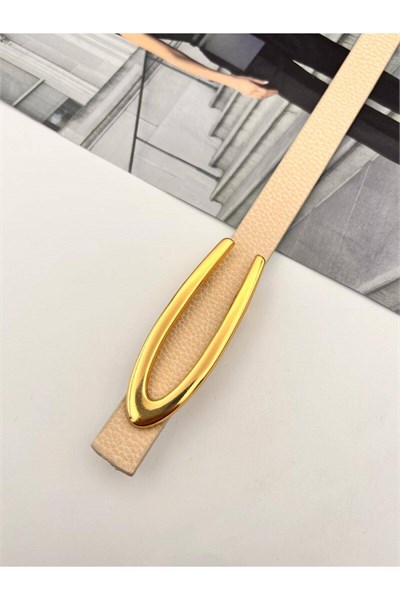 Gold V Tokalı Kadın Kemer Pantolon Kemeri Elbise Kemeri Gömlek Kemeri Ceket Kemeri ince Kemer Krem