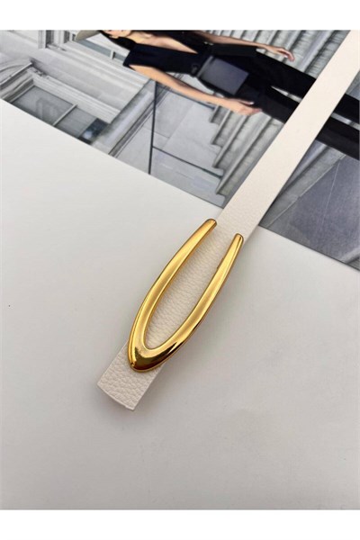 Gold V Tokalı Kadın Kemer Pantolon Kemeri Elbise Kemeri Gömlek Kemeri Ceket Kemeri ince Kemer Beyaz