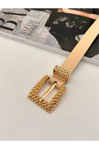 Kabartma Gold Tokalı Kadın Kemer Pantolon Kemeri Elbise Kemeri Gömlek Kemeri Ceket Kemeri Krem