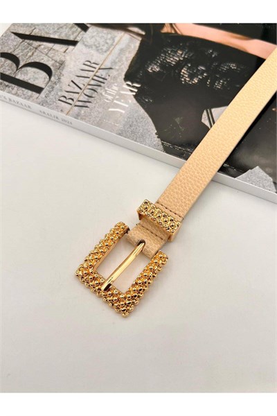 Kabartma Gold Tokalı Kadın Kemer Pantolon Kemeri Elbise Kemeri Gömlek Kemeri Ceket Kemeri Krem