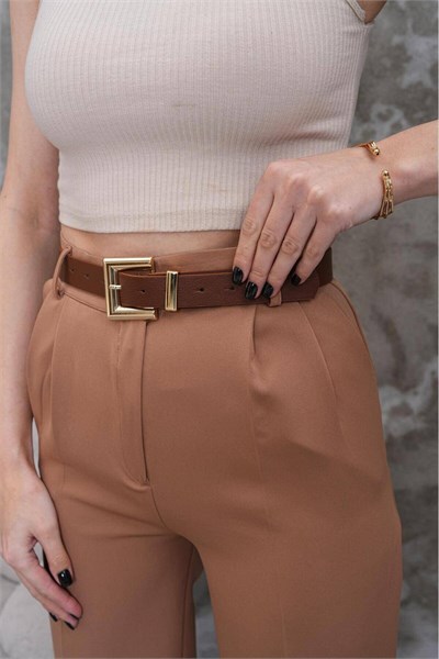 Kare Gold Tokalı Kadın Kemer Pantolon Kemeri Elbise Kemeri Gömlek Kemeri Ceket Kemeri Taba