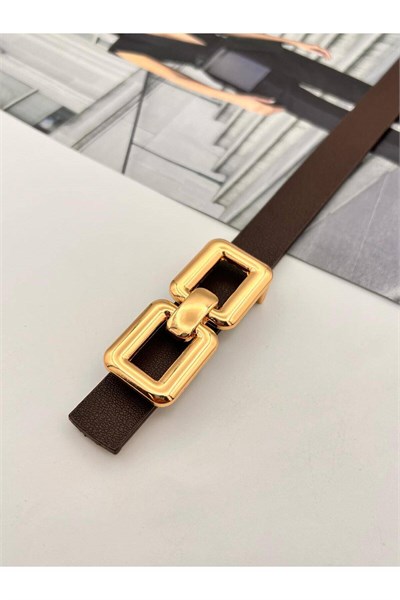 Kare Pimli Gold Tokalı Acı Kahve Kadın Kemer Pantolon Kemeri Elbise Kemeri Gömlek Kemeri Ceket Kemer Kahve