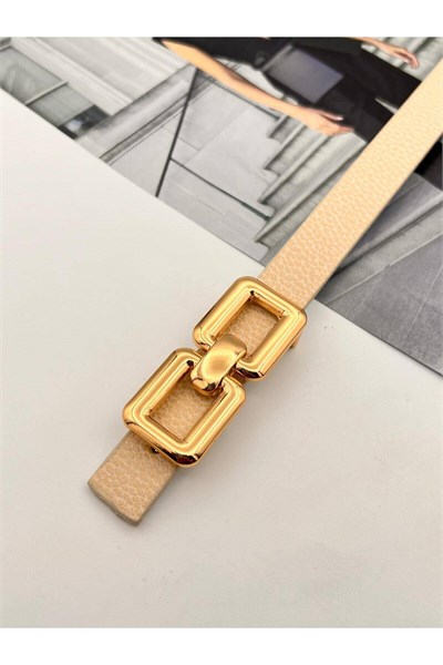 Kare Pimli Gold Tokalı Kadın Kemer Pantolon Kemeri Elbise Kemeri Gömlek Kemeri Ceket Kemeri Krem
