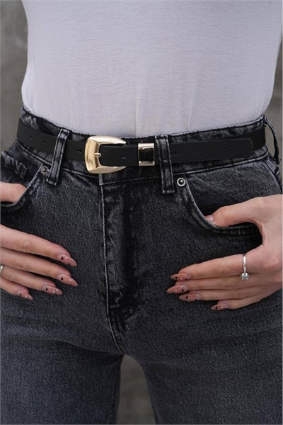 Klasik Gold Tokalı Kadın Kemer Pantolon Kemeri Elbise Kemeri Gömlek Kemeri Bel Kemeri Siyah