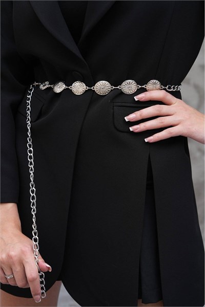 Oval Silver Tokalı Zincir Kemer Kadın Kemer Elbise Kemeri Gömlek Kemeri Ceket Kemeri