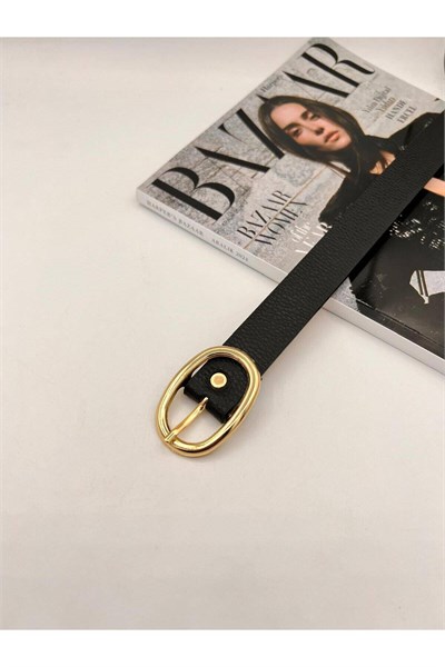 Oval Tokalı Gold Kadın Kemer Pantolon Kemeri Elbise Kemeri Gömlek Kemeri Ceket Kemeri Siyah