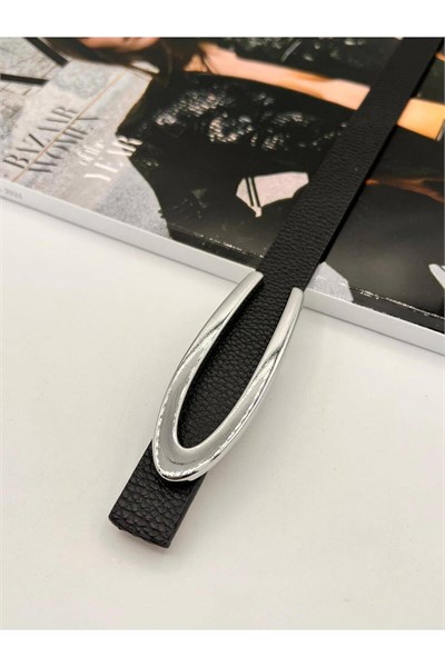 Silver V Tokalı Kadın Kemer Pantolon Kemeri Elbise Kemeri Gömlek Kemeri Ceket Kemeri ince Kemer Siyah