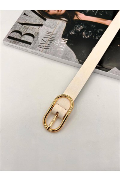 Uzun Oval Tokalı Gold Kadın Kemer Pantolon Kemeri Elbise Kemeri Gömlek Kemeri Ceket Kemeri Beyaz