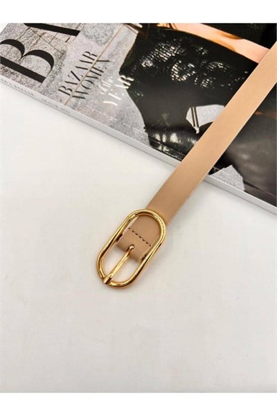 Uzun Oval Tokalı Gold Kadın Kemer Pantolon Kemeri Elbise Kemeri Gömlek Kemeri Ceket Kemeri Bej 