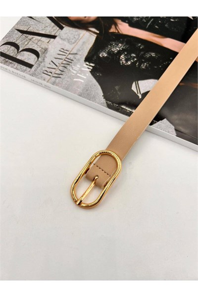 Uzun Oval Tokalı Gold Kadın Kemer Pantolon Kemeri Elbise Kemeri Gömlek Kemeri Ceket Kemeri Bej 