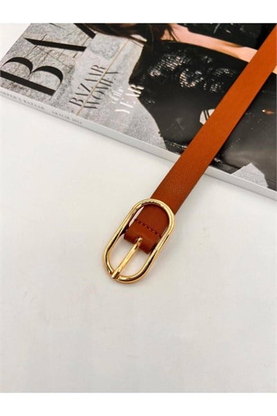 Uzun Oval Tokalı Gold Kadın Kemer Pantolon Kemeri Elbise Kemeri Gömlek Kemeri Ceket Kemeri Taba