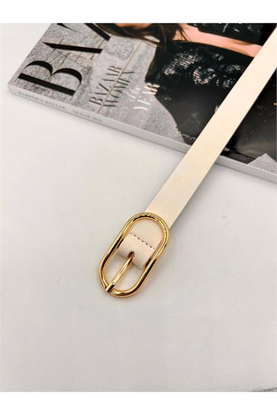Uzun Oval Tokalı Gold Kadın Kemer Pantolon Kemeri Elbise Kemeri Gömlek Kemeri Ceket Kemeri Beyaz