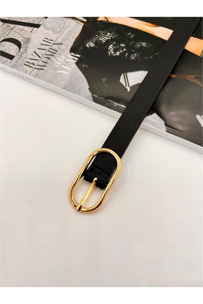Uzun Oval Tokalı Gold Kadın Kemer Pantolon Kemeri Elbise Kemeri Gömlek Kemeri Ceket Kemeri Siyah