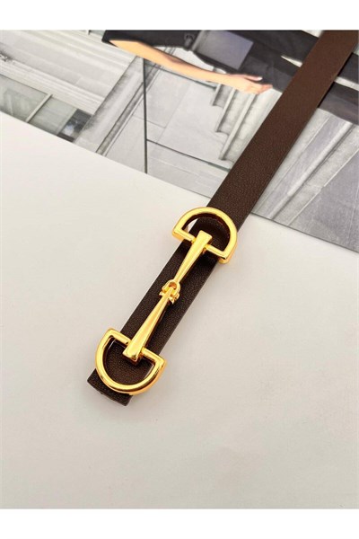 Uzun Tokalı Gold Acı Kahve Kadın Kemer Pantolon Kemeri Elbise Kemeri Gömlek Kemeri Ceket Kemeri Kahve