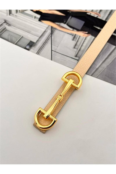 Uzun Tokalı Gold Kadın Kemer Pantolon Kemeri Elbise Kemeri Gömlek Kemeri Ceket Kemeri Krem