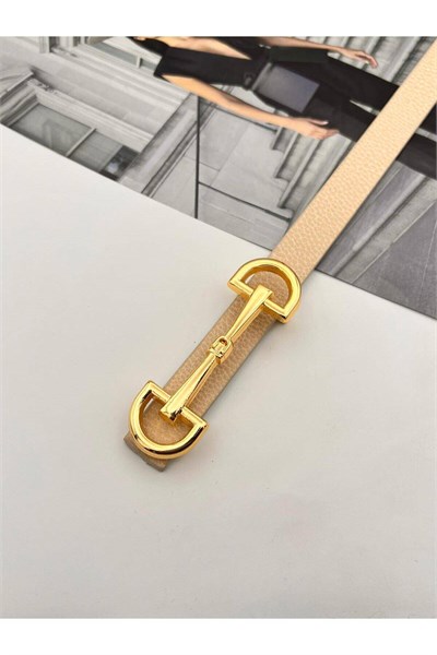 Uzun Tokalı Gold Kadın Kemer Pantolon Kemeri Elbise Kemeri Gömlek Kemeri Ceket Kemeri Krem