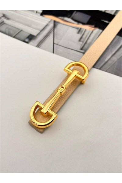 Uzun Tokalı Gold Kadın Kemer Pantolon Kemeri Elbise Kemeri Gömlek Kemeri Ceket Kemeri Krem