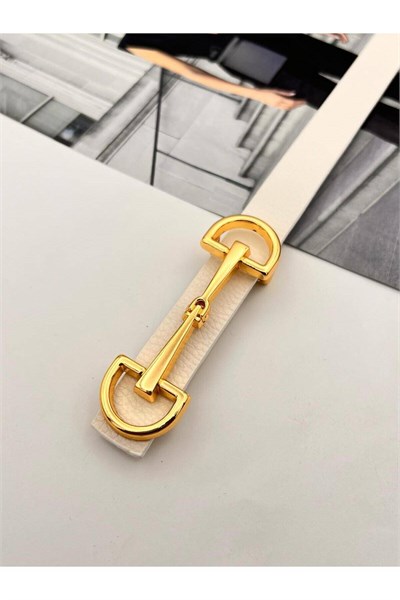 Uzun Tokalı Gold Kadın Kemer Pantolon Kemeri Elbise Kemeri Gömlek Kemeri Ceket Kemeri Beyaz