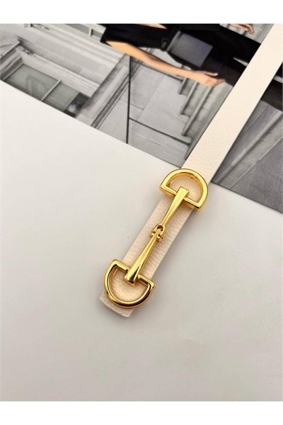 Uzun Tokalı Gold Kadın Kemer Pantolon Kemeri Elbise Kemeri Gömlek Kemeri Ceket Kemeri Beyaz