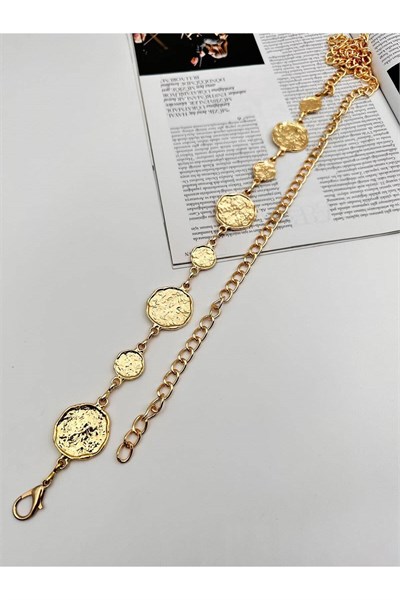 Yuvarlak Tokalı Gold Zincir Kemer Kadın Kemer Elbise Kemeri Gömlek Kemeri Ceket Kemeri
