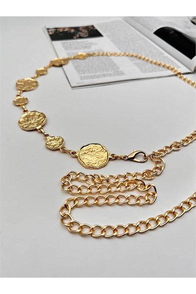 Yuvarlak Tokalı Gold Zincir Kemer Kadın Kemer Elbise Kemeri Gömlek Kemeri Ceket Kemeri