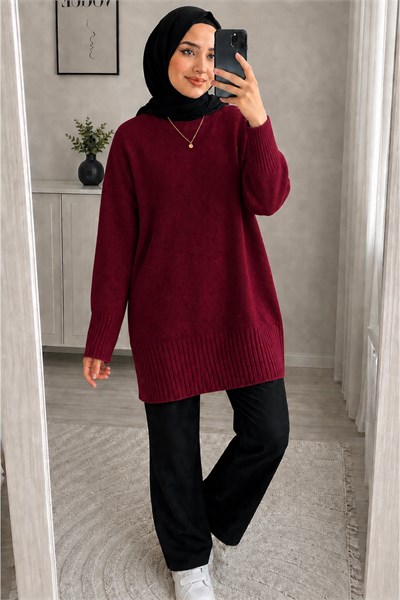 Bordo Bisiklet Yaka Oversize Triko Tunik