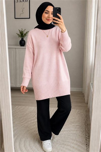 Pembe Bisiklet Yaka Oversize Triko Kazak Tunik