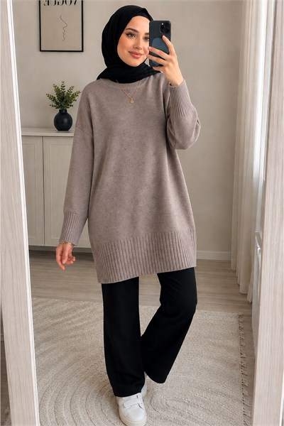 Vizon Bisiklet Yaka Oversize Triko Tunik