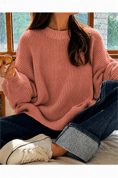 Yavru Ağzı Pembe Bisiklet Yaka Oversize Kadın Triko Kazak