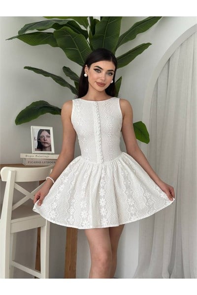 Kadın Dantel Detaylı Kolsuz Mini Elbise