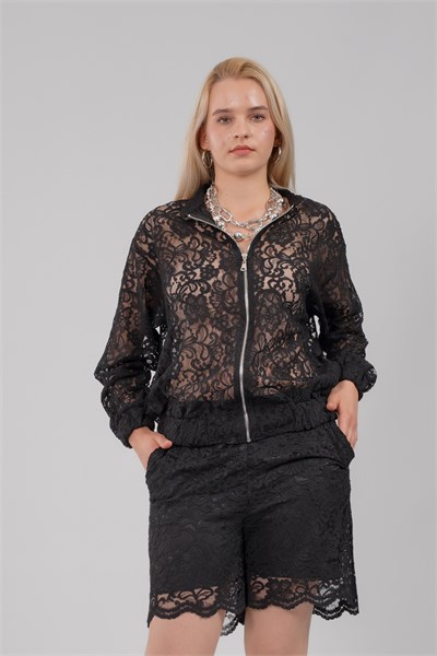 Kadın Fermuarlı Siyah Çiçekli Dantel Bomber Ceket