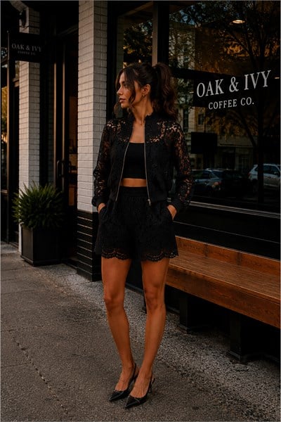 Kadın Fermuarlı Siyah Çiçekli Dantel Bomber Ceket