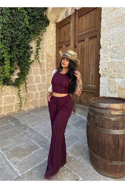 Kadın Kaşkorse Crop Top ve Bol Paça Pantolon İkili Takım