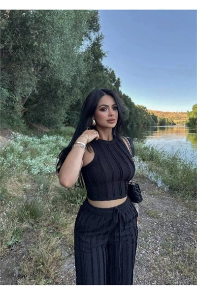 Kadın Kaşkorse Crop Top ve Bol Paça Pantolon İkili Takım